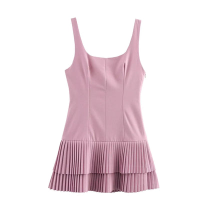 TRAFZA Women’s Square Collar Sleeveless Mini Dress – Summer Pleated Solid Color Slim High Street Chic Dress