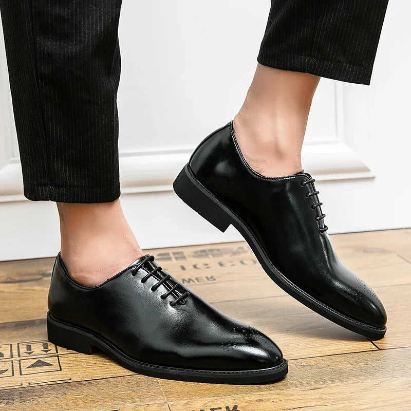 Men’s Black Red-Sole Brogue Shoes - Lace-Up Round Toe Business & Formal Dress Shoes