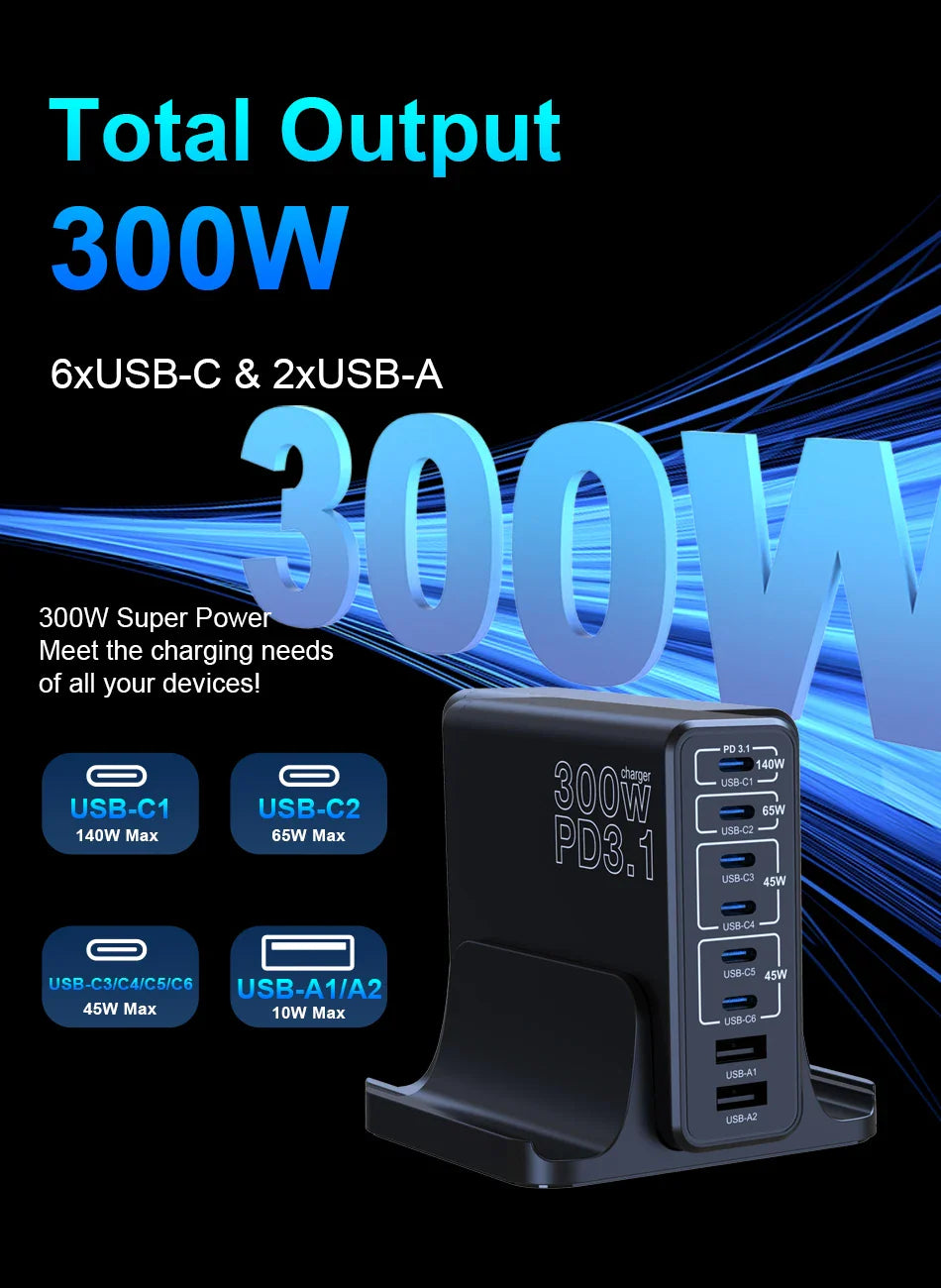 Ubigbuy 300W Multi-Port GaN Charger - USB-C 140W PD 3.1 & PPS 100W Charging Station for MacBook Pro M2, iPhone 15/14, Galaxy