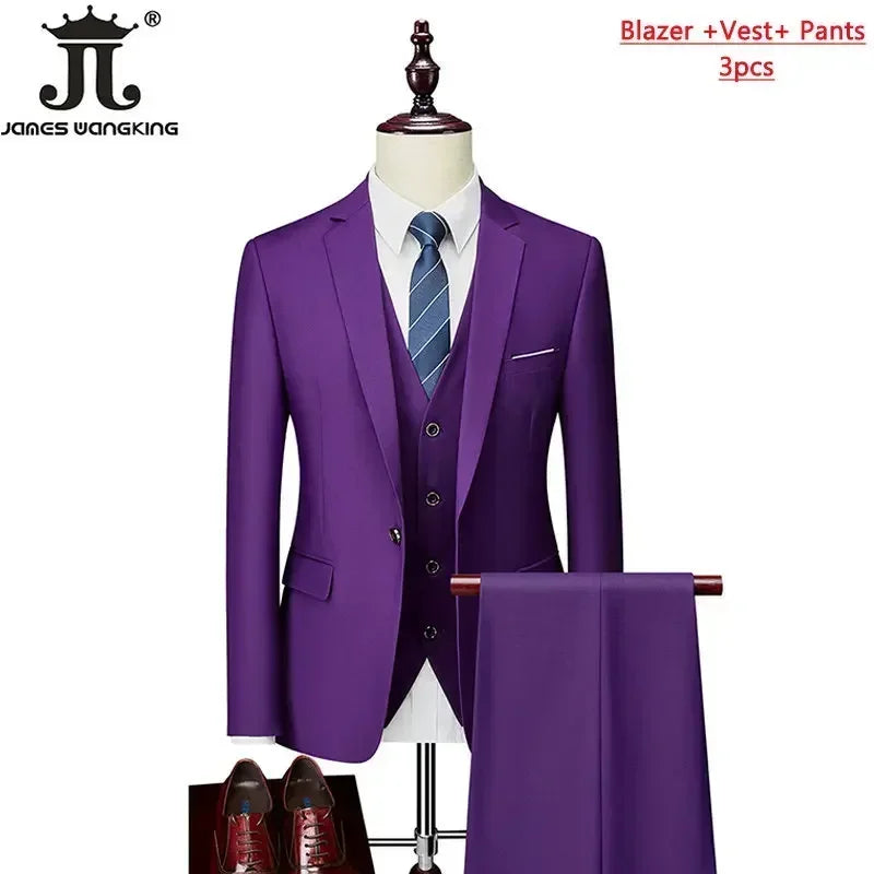Men's 3 Piece Suit Set - Solid Color Formal Business Jacket Vest Pants Wedding Groom Party Tuxedo Outfit M-6XL