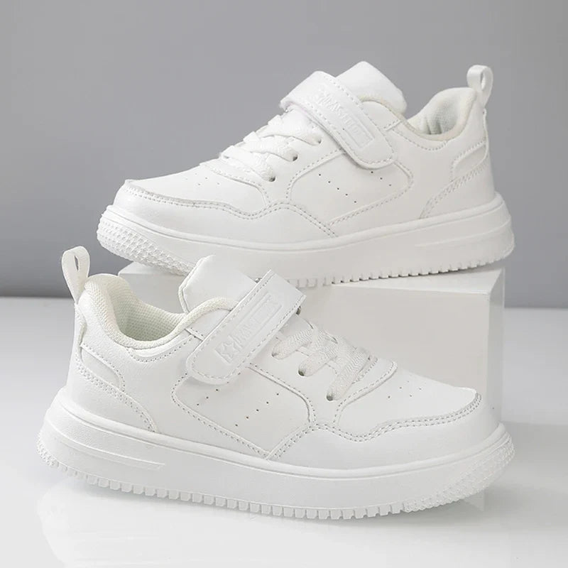 Kids' Black Leather Sneakers – Non-Slip Casual Walking & Tennis Shoes for Boys and Girls