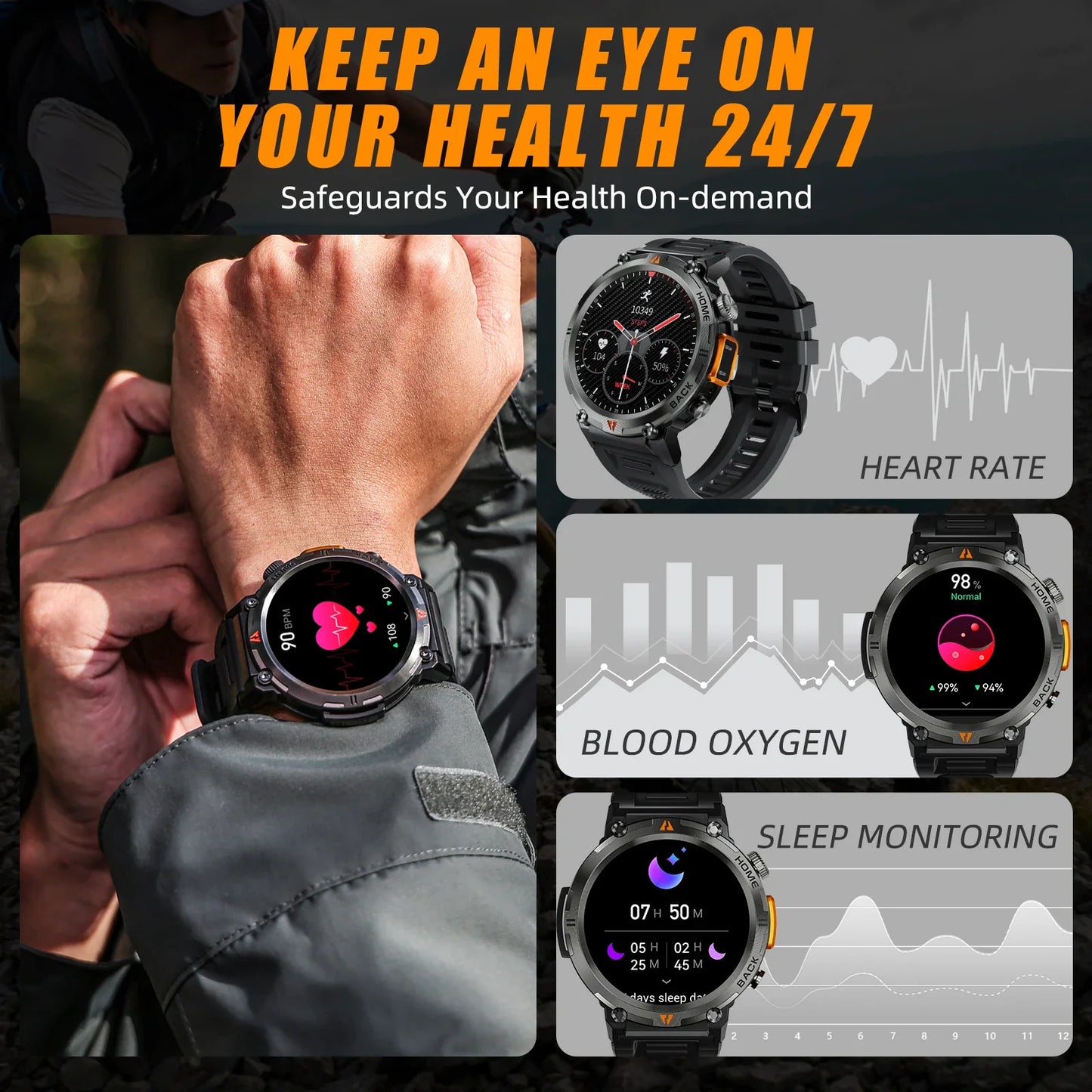 EIGIIS KE3 Smartwatch for Men – 3ATM Waterproof, Bluetooth Call, Health Monitor, Flashlight, 100+ Sports Modes