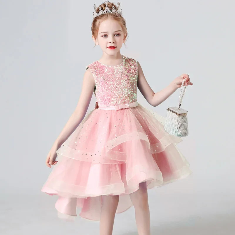 Sequin Lace Tuxedo Dress for Girls - Sleeveless Fluffy Mesh Wedding & Party Dress Ages 3–13
