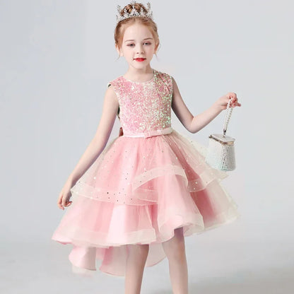 Sequin Lace Tuxedo Dress for Girls - Sleeveless Fluffy Mesh Wedding & Party Dress Ages 3–13