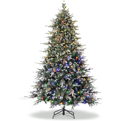 Pre-Lit Snow Flocked Christmas Tree with LED Lights & Pine Cones — 6ft/7.5ft/9ft Artificial Holiday Tree for Home Decor