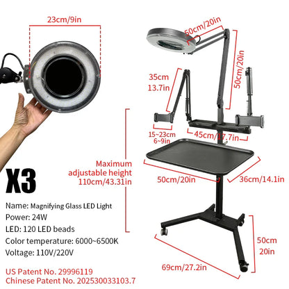 TAIDU Tattoo Workstation – Foldable LED Light 60W with Phone Holder, Tray Table, Nail Lamp & Tattoo Work Cart
