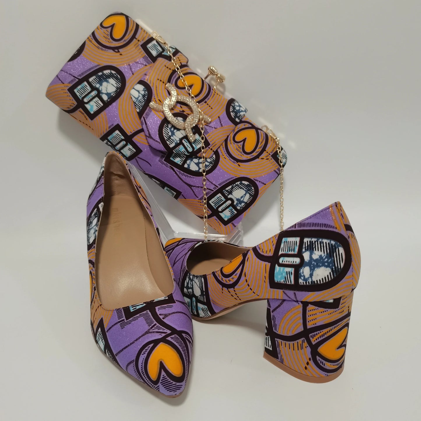 African Kente Print Women’s Shoe & Purse Set - Ankara Wax Print High Heels for Parties, Sizes 37-42