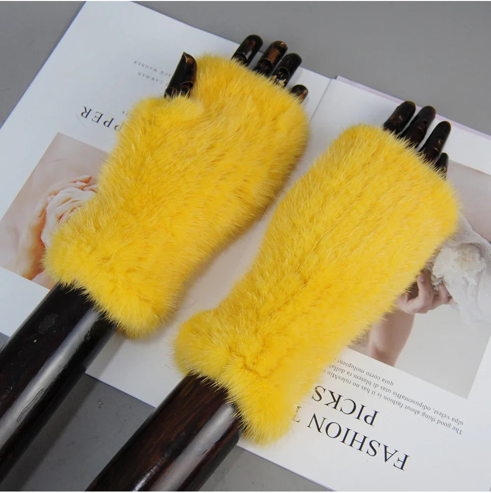 Women’s Winter Mink Fur Gloves – 100% Natural Fingerless Knitted Mittens for Warmth