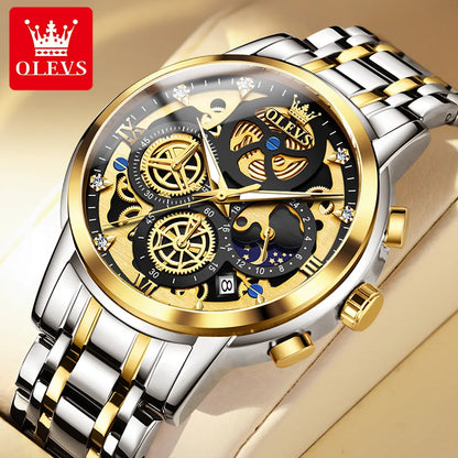 OLEVS Luxury Men's Quartz Watch – Gold Skeleton Style, Waterproof, 24-Hour Day/Night, Top Brand