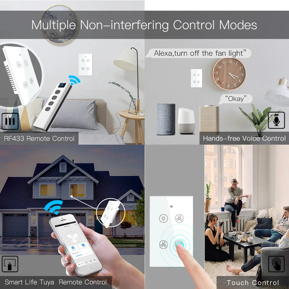 WiFi RF Smart Ceiling Fan Light – 2/3 Way Control, Speed Control, Smart Life/Tuya App, Alexa & Google Home Compatible