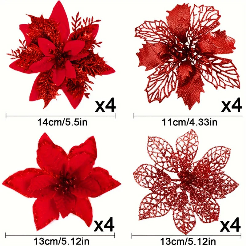 8/16PCS Christmas Decoration Set – Glitter Artificial Flowers for Tree, Home Decor, Xmas Ornaments, and New Year Decoration