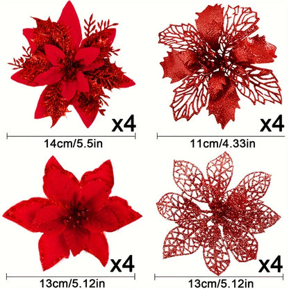 8/16PCS Christmas Decoration Set – Glitter Artificial Flowers for Tree, Home Decor, Xmas Ornaments, and New Year Decoration