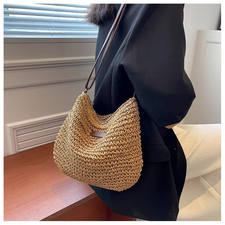 Straw Knitted Handbag – Women’s Woven Shoulder & Crossbody Beach Bag