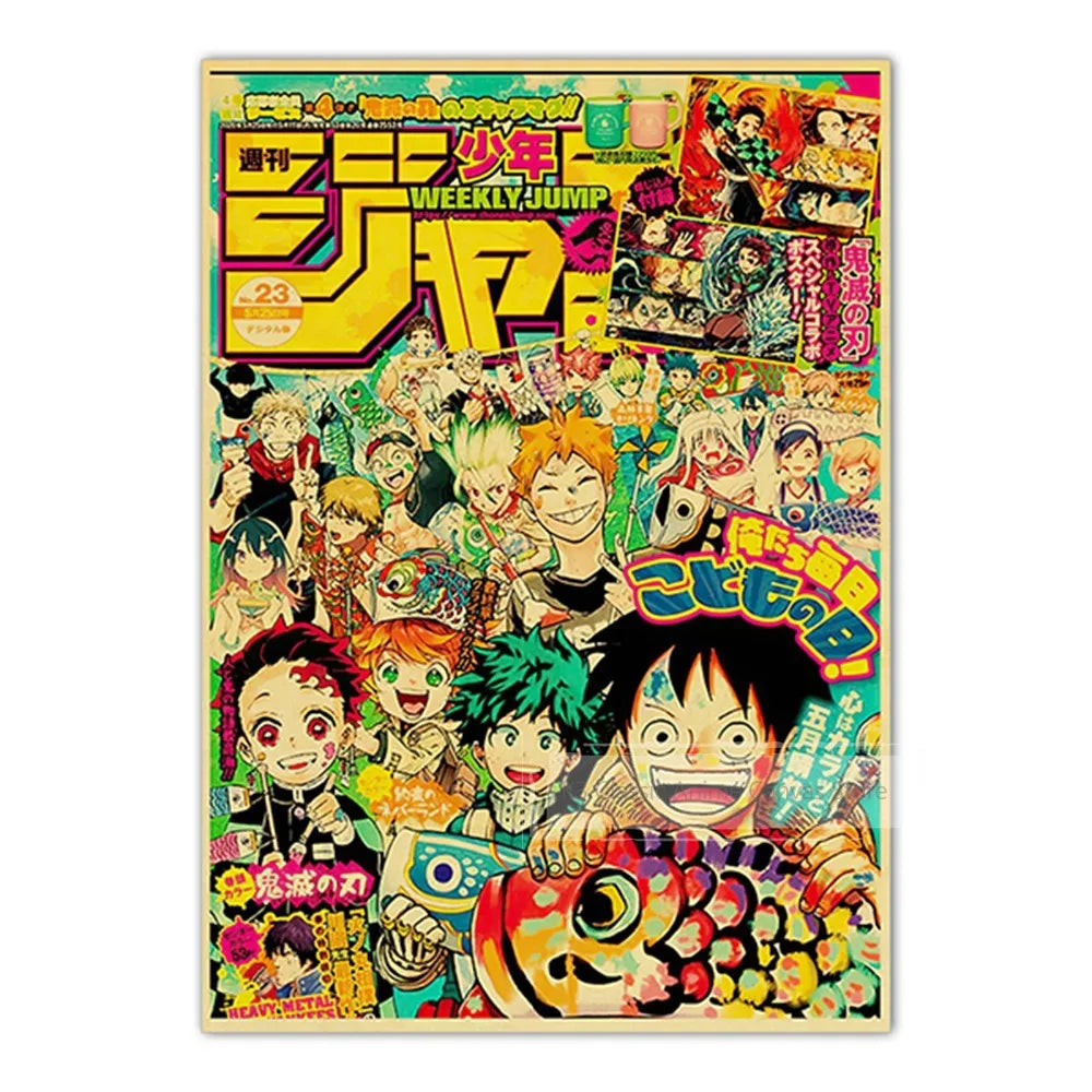 Vintage Anime Kraft Paper Poster Set – JoJo’s Bizarre Adventure, Jujutsu Kaisen & Demon Slayer Wall Art for Room Home Decor