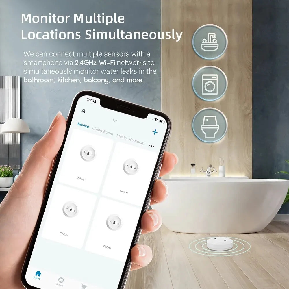ZigBee Water Sensor - Tuya Leak & Flood Detector for Kitchen/Bathroom, App Remote Monitoring & Home Assistant Support