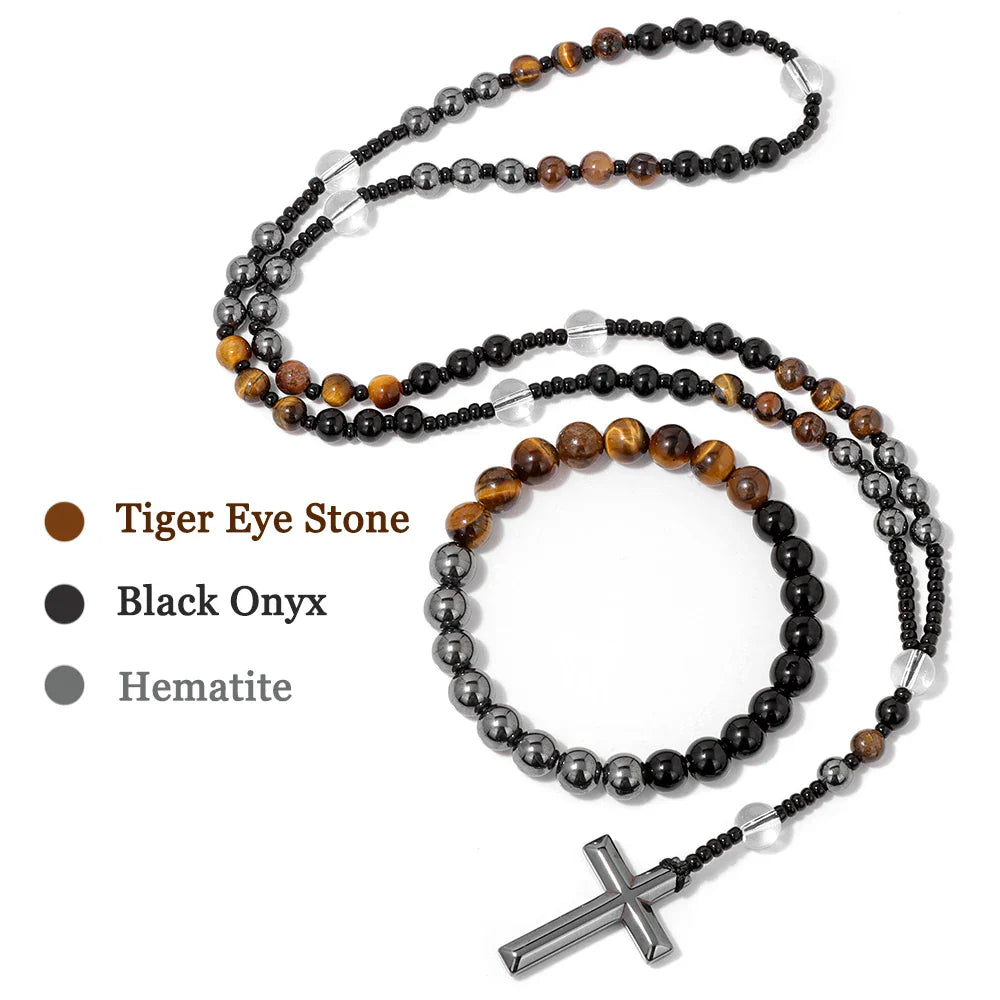 6mm Tiger Eye Rosary Beads Necklace – Catholic Jesus & Virgin Mary Pendant Long Knotted Chain Religious Jewelry for Men & Women