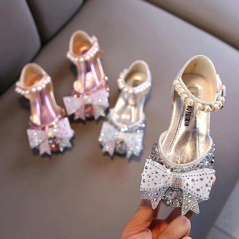 Girls Princess Sequin Sandals - Pearl Bow Party & Occasion Shoes