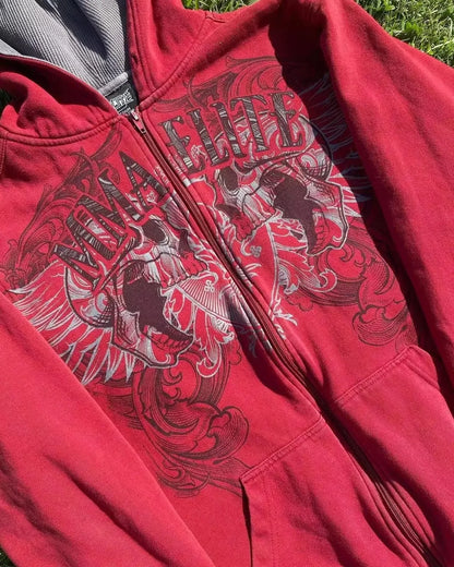 2000s Red Couple Zipper Hoodie – Vintage Y2K Skull Snake Cotton Full-Zip Sweatshirt