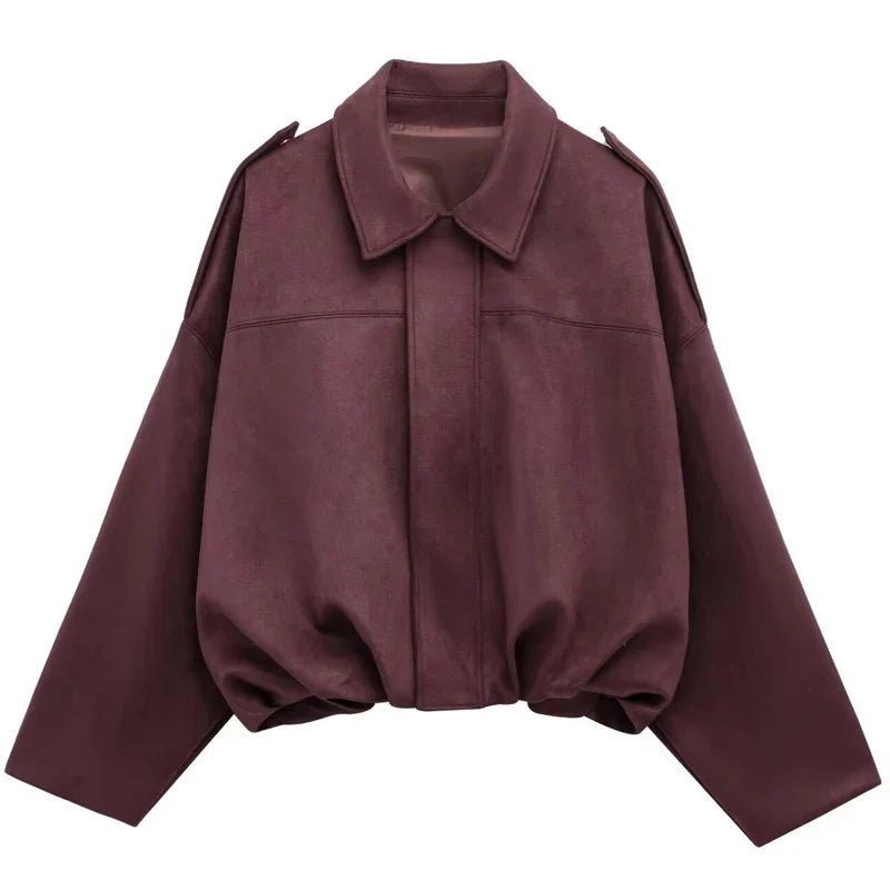 HXAO Women's Oversized Suede Cropped Bomber Jacket – Casual Batwing Sleeve Streetwear Coat