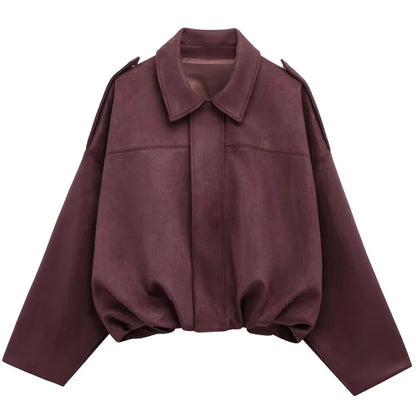HXAO Women's Oversized Suede Cropped Bomber Jacket – Casual Batwing Sleeve Streetwear Coat