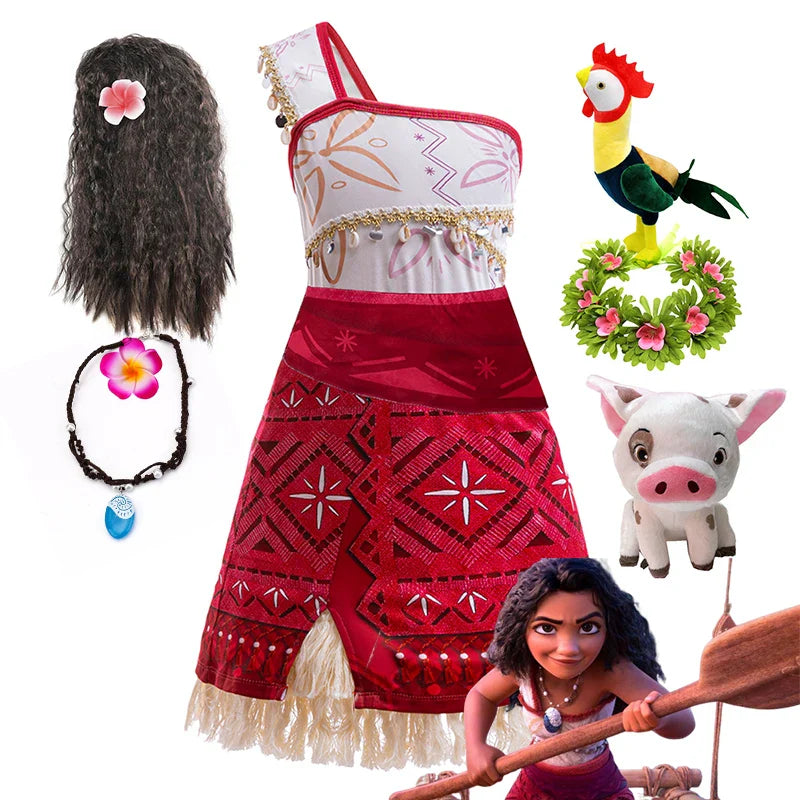 Girls Moana 2 Dress - Halloween Party Adventure Costume, Princess Fancy Clothes, Vaiana with Pet Pig Outfit