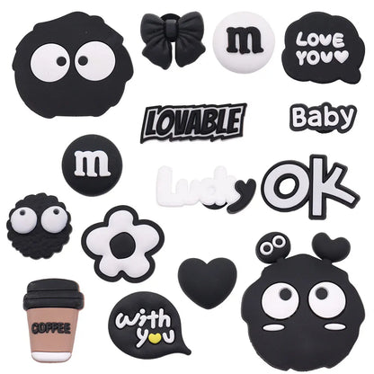 15PCS Cute Black & White Flower Shoe Charms – DIY Buckle Accessories for Boys & Girls Sandals