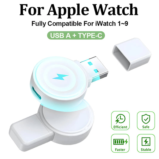 Wireless Magnetic USB-A/Type-C Apple Watch Charger – Portable Dock for iWatch Ultra, Series 9/8/7/6/SE/5/4/3/2 Fast Charging Cable