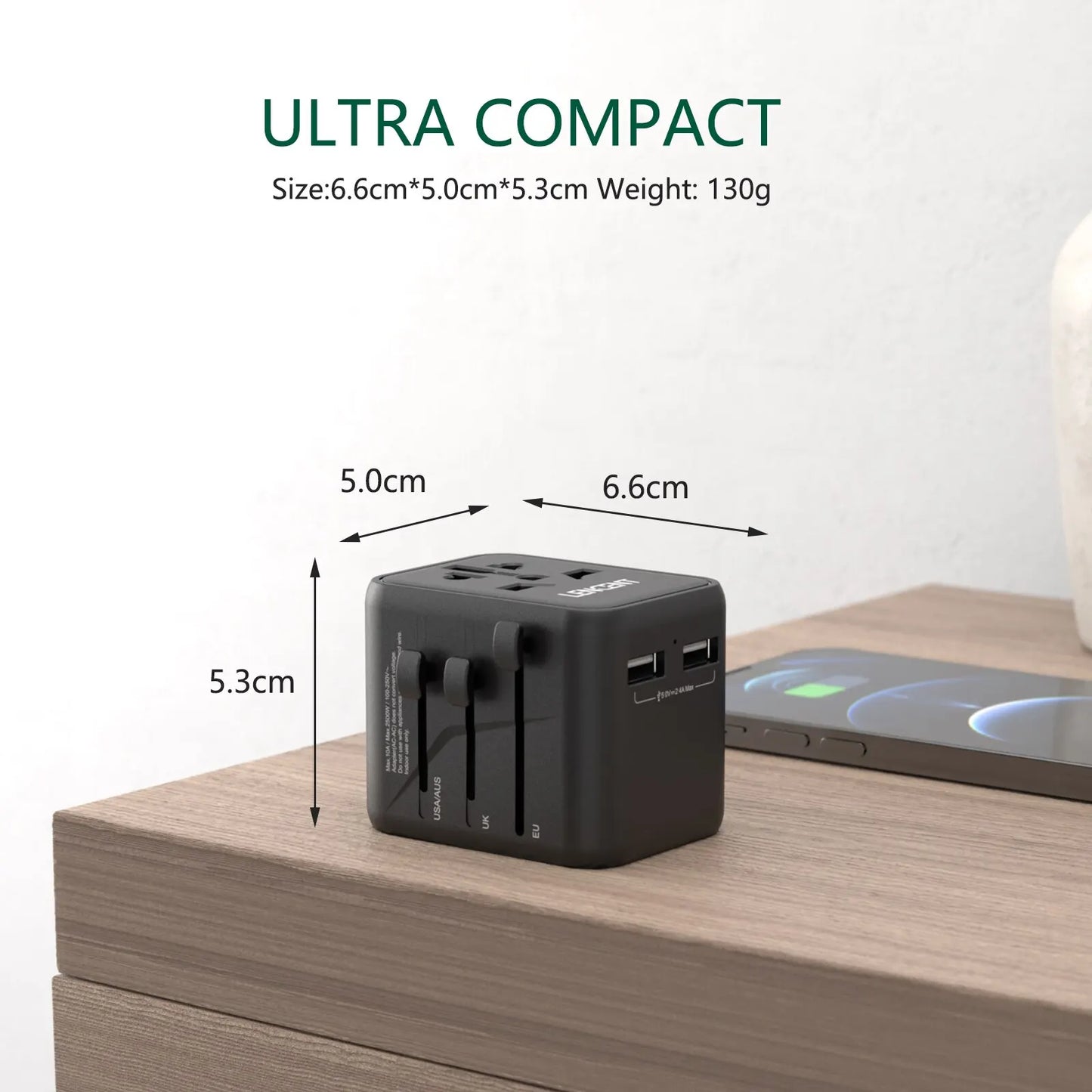 LENCENT International Travel Adapter – All-in-One Charger with 2 USB Ports, EU/UK/USA/AUS Plugs for Worldwide Travel
