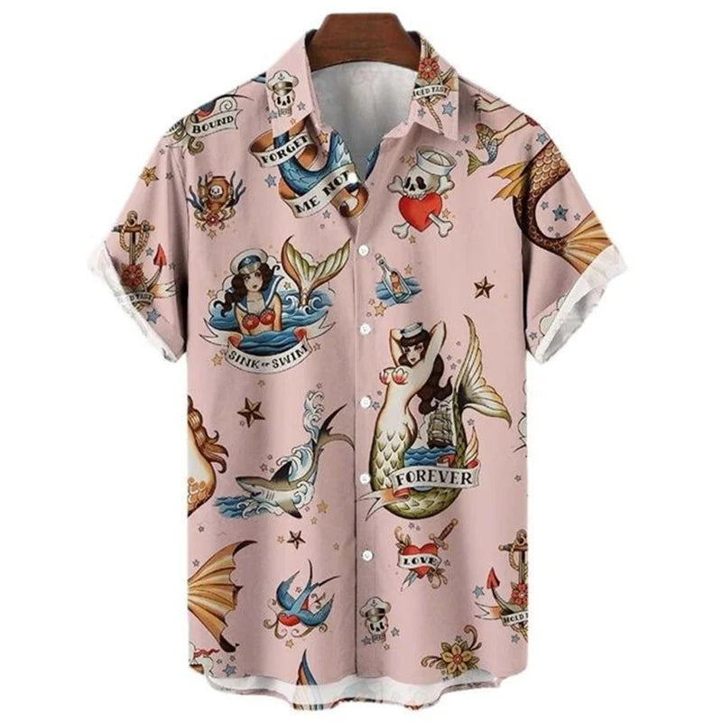 Men's Retro Mermaid Hawaiian Shirt - 3D Print Casual Short Sleeve Button-Up Summer Shirt