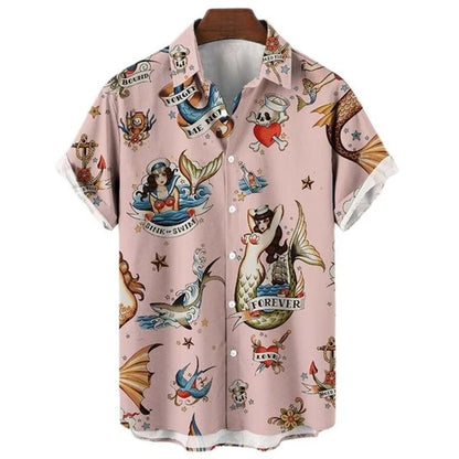 Men's Retro Mermaid Hawaiian Shirt - 3D Print Casual Short Sleeve Button-Up Summer Shirt