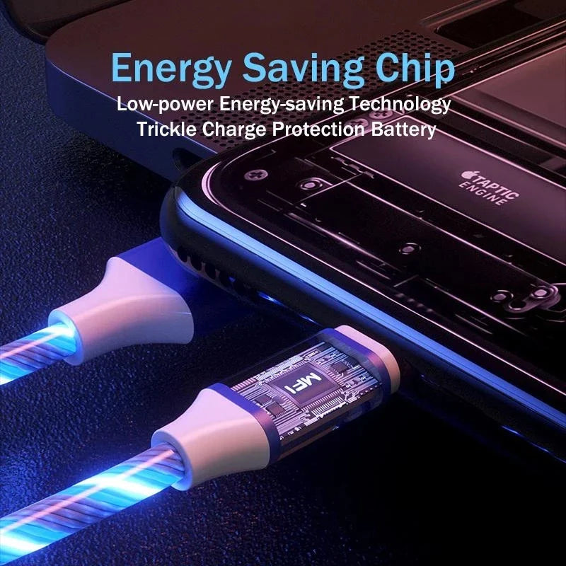 3-in-1 LED Glowing Charging Cable – 3A Micro USB & Type-C Flowing Streamer Cord for iPhone, Xiaomi & Huawei
