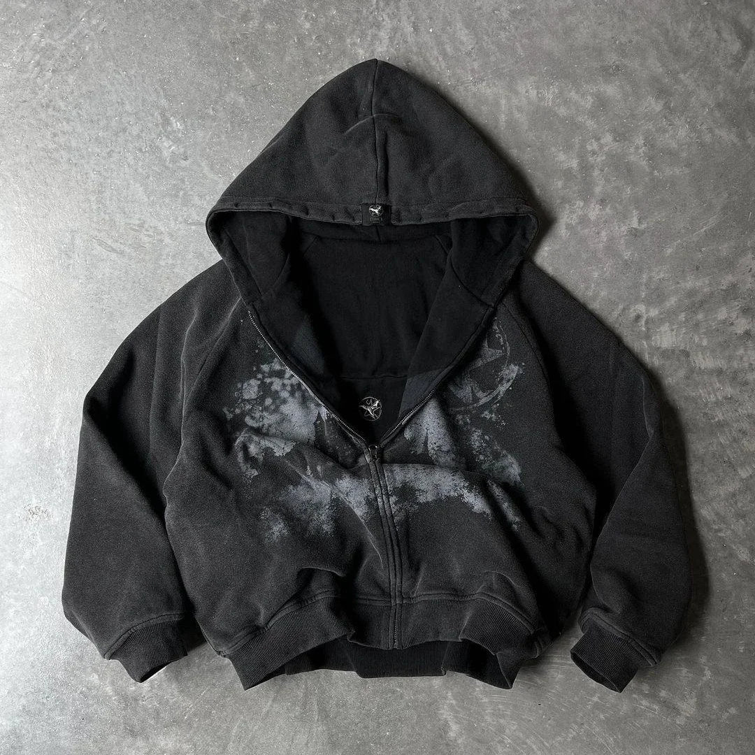 Unisex Gothic Punk Hooded Cardigan – British Harajuku Star Patch Embroidery Oversized Bat Sleeve Jacket