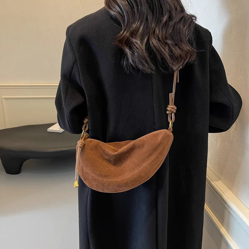 Faux Suede Women’s Shoulder Bag 2025 – Trendy Crossbody Underarm Dumpling Bag, Soft Suede Style Fashion Handbag