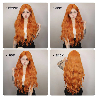 Long Orange Water Wave Wig for Women — Synthetic Wavy Hair with Bangs, Heat-Resistant for Cosplay & Party