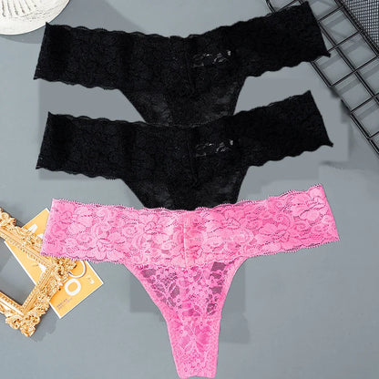 3PCS Lace Floral Women’s Panties - Low Waist Breathable Briefs & Thong, Sexy G-String Transparent Underwear (M-2XL)