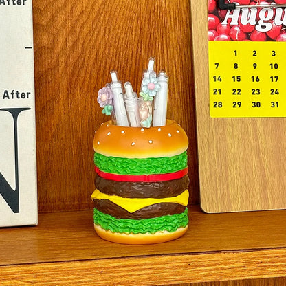 Miniso Cute Burger Pen Holder — Fun Desktop Organizer for Pens, Bedroom Desk Decoration, and Gift for Friends
