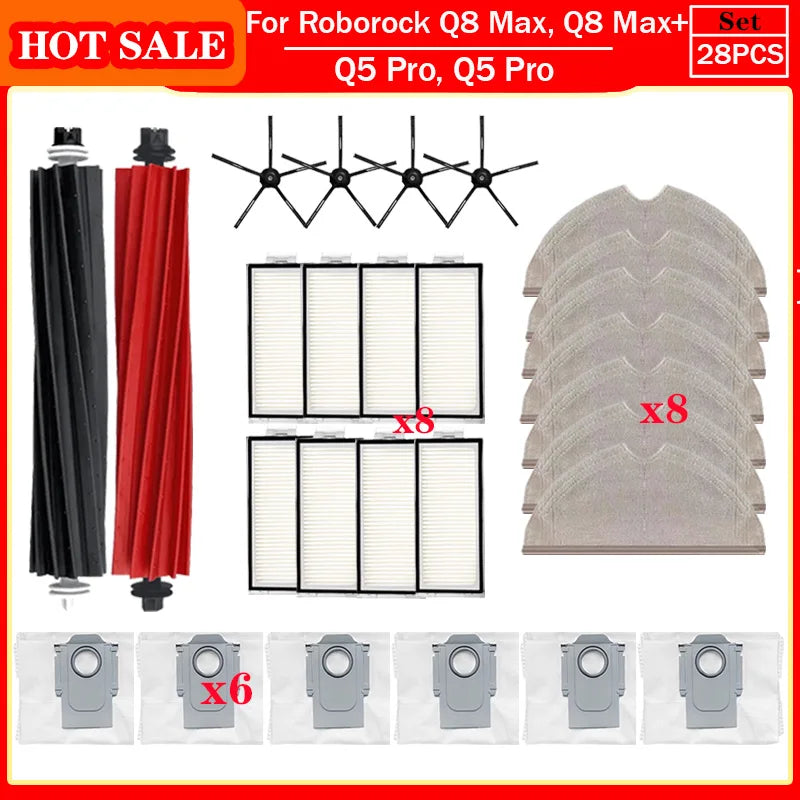 Roborock Q5 Pro & Q8 Max Replacement Parts – Main Brush, Side Brush, HEPA Filter, Mop & Dust Bag Accessories