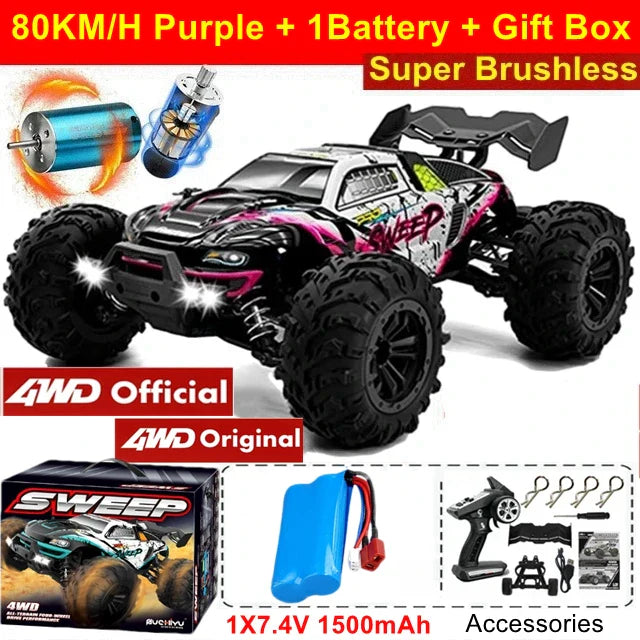 4WD Remote Control Car – Off-Road 4x4 RC High-Speed Buggy Truck, Brushless 50/80KM/H Drift Racing Toy for Kids & Adults