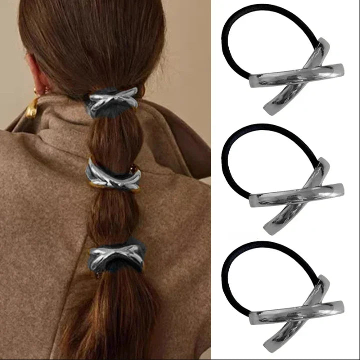 3PCS Geometric Hair Ties — Elastic Rubber Bands with Gold & Silver Metal Charms, Hair Cuffs for Women & Girls Accessories