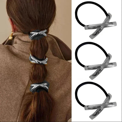 3PCS Geometric Hair Ties — Elastic Rubber Bands with Gold & Silver Metal Charms, Hair Cuffs for Women & Girls Accessories
