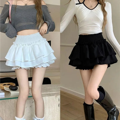 Women’s Cute Sexy Mini Skirt — Balletcore Elastic High Waist Ruffle Patchwork Lolita Skirt, Short Korean Sweet Y2K Fashion