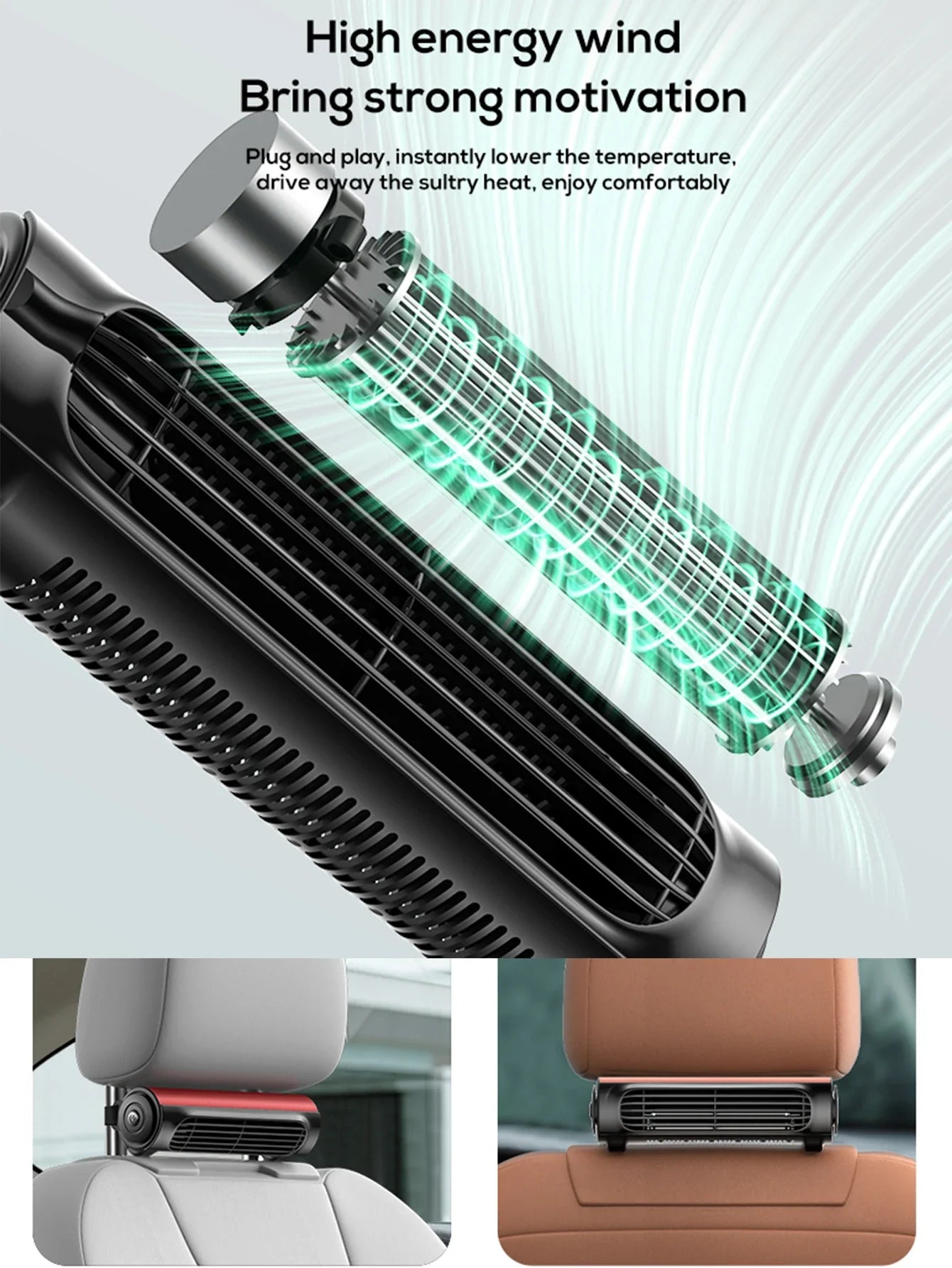 Vissko Portable Car Seat Fan – USB-Powered Headrest Cooling Air Fan with Adjustable Strap for Front & Rear Seats