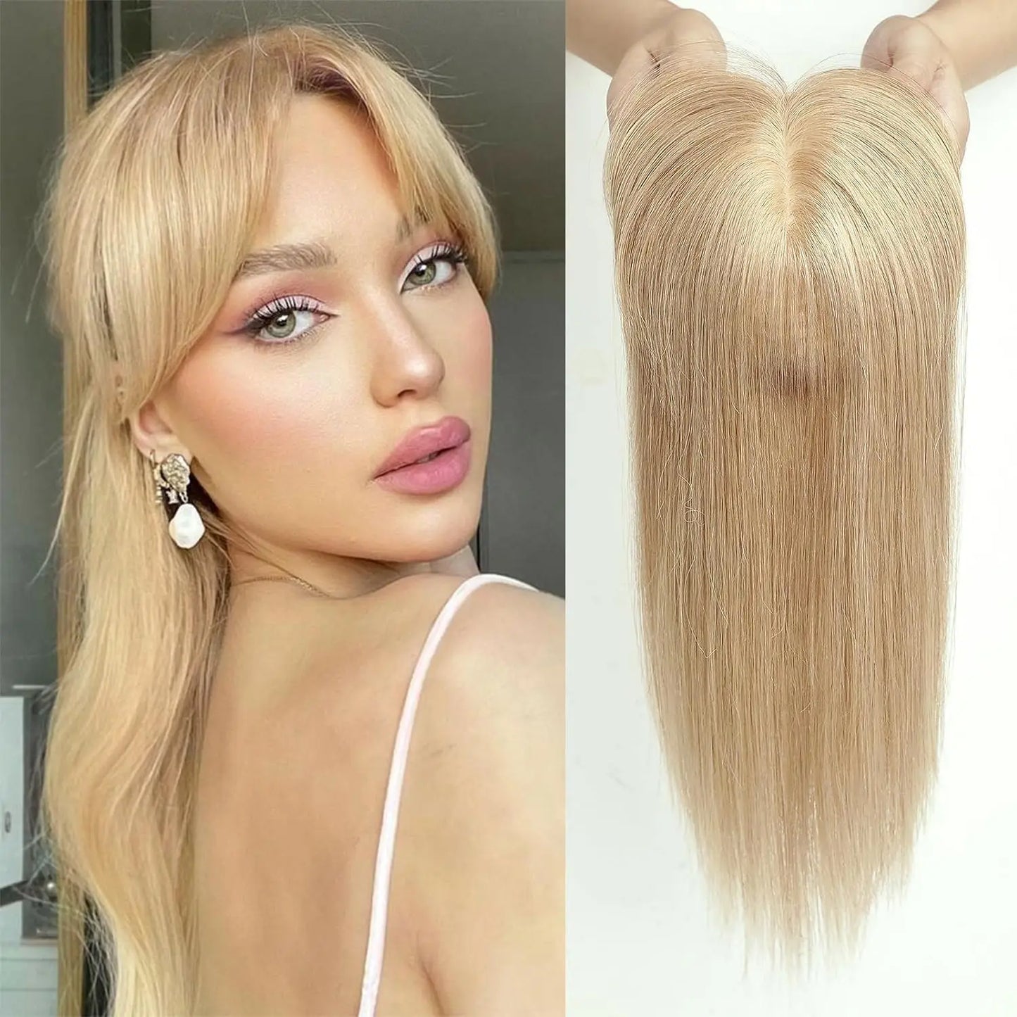 Straight Ombre Brown Remy Human Hair Topper – 100% Silk Base Clip-in Wig with Bangs, Hair Extension for Women