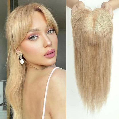 Ombre Brown Blonde Remy Human Hair Topper – 14 Inch Silk Base Clip-In Wig with Bangs for Women