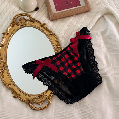 Sexy Lace-Trimmed Bow Tie Panties – Black & Red Checkered Kawaii Women’s Briefs for Party, Holiday & Vacation