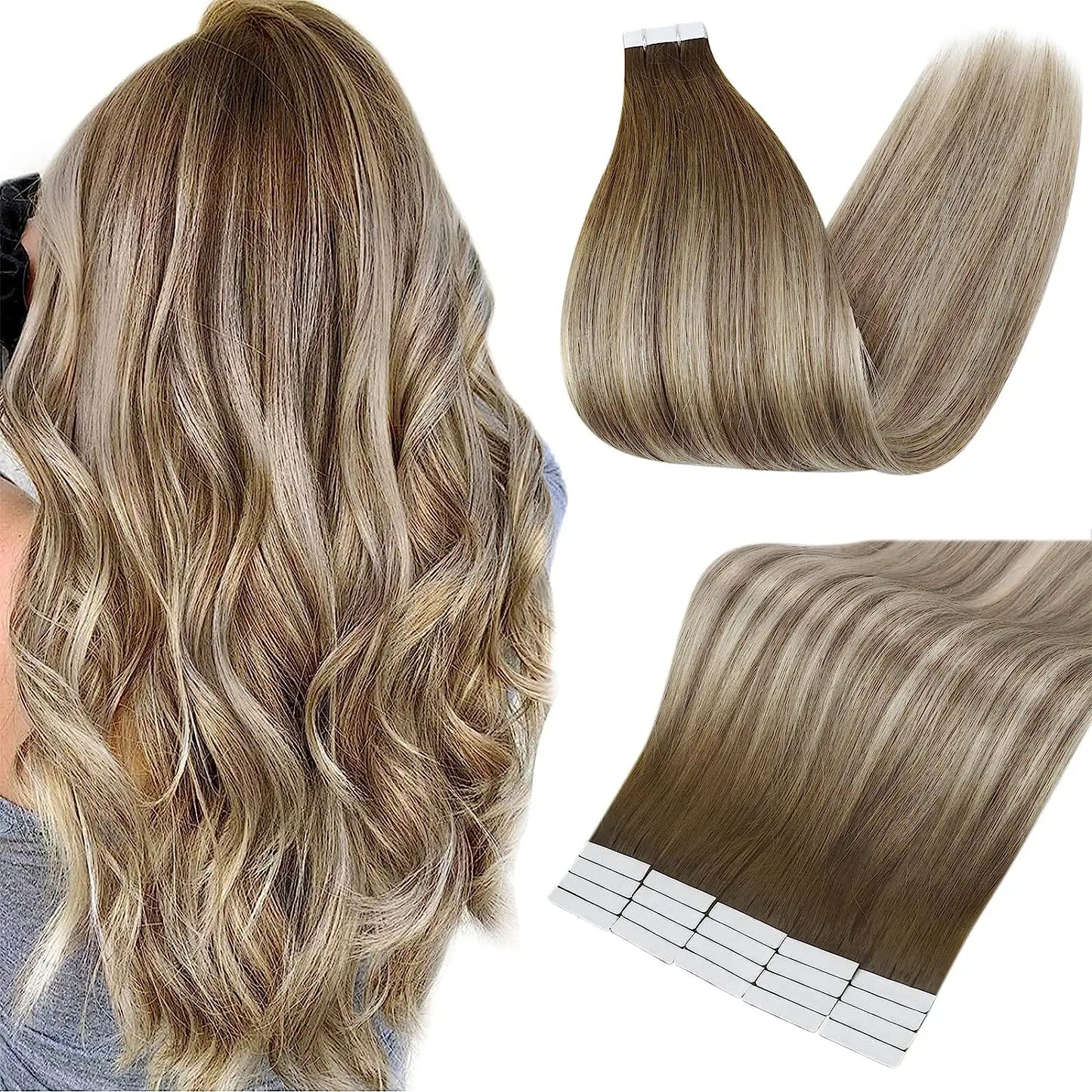 Full Shine Tape In Human Hair Extensions - 100% Remy Straight Hair Double Sided Silky Natural Tapes for Women