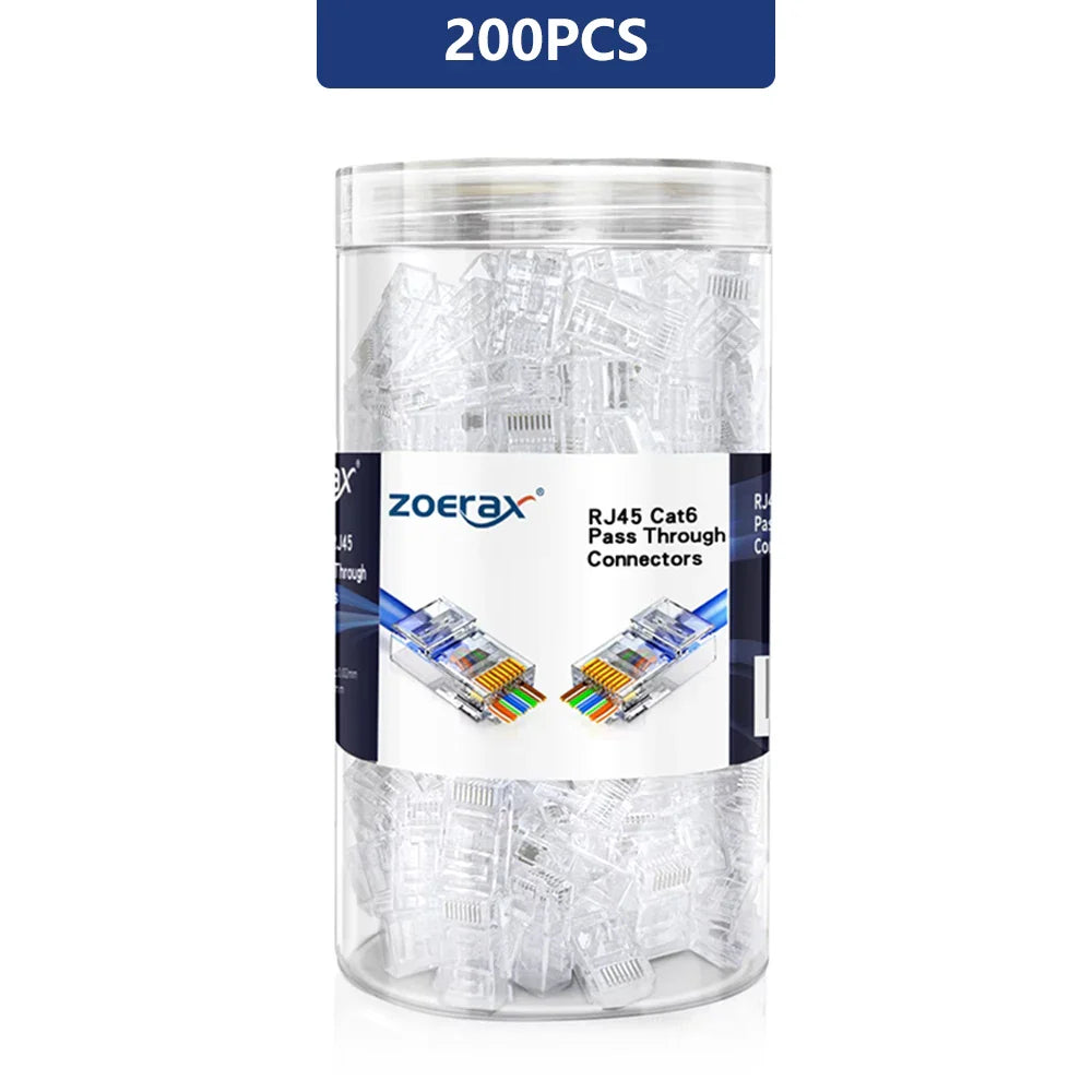 ZoeRax RJ45 Cat6 Pass-Through Connectors — 50/100/200PCS Modular Plugs 1.1mm | Solid & Stranded FTP/STP Cable