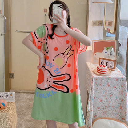 Girls’ Summer & Autumn Cartoon Nightdress – Cute Short-Sleeved Pajama Dress, Comfortable Homewear, Polyester Sleepwear