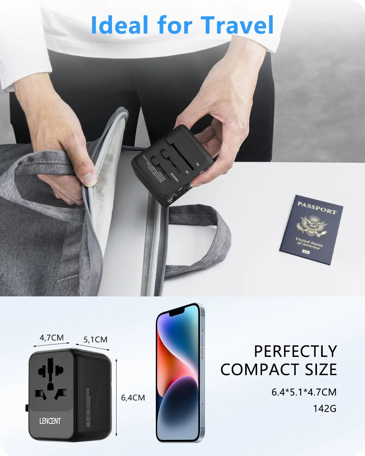 LENCENT Universal Travel Adapter with 3 USB Ports & Type-C PD Charging - EU/UK/USA/AUS Plug, All-in-One Travel Charger