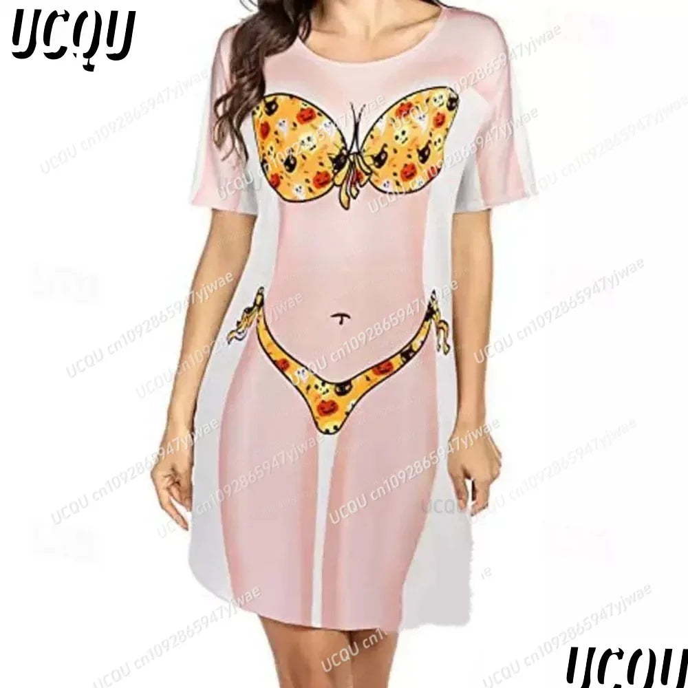 Women's 3D Bikini Print T-Shirt Dress - Casual Short Sleeve Summer Sleep & Home Dress